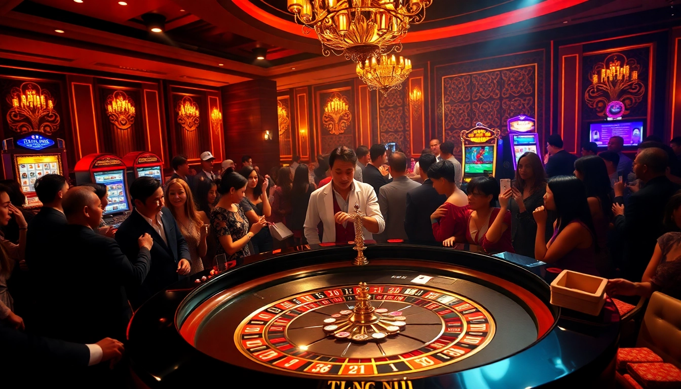 Experience the thrill of betting at Trang chủ OK8386 with a glamorous casino scene featuring roulette and poker.
