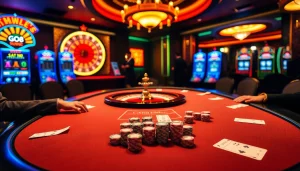 GO8-themed poker game scene showcasing excitement and strategy in a luxurious casino setting.