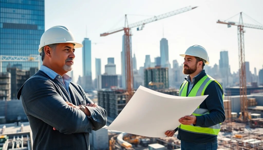 New York City General Contractor managing a construction site with sunlight and city skyline backdrop.