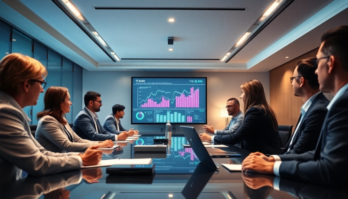 Professionals discussing viral investing review in a modern financial office setting.