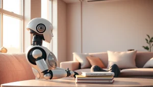 AI sex interaction between a humanoid robot and a person in a cozy, modern living space.