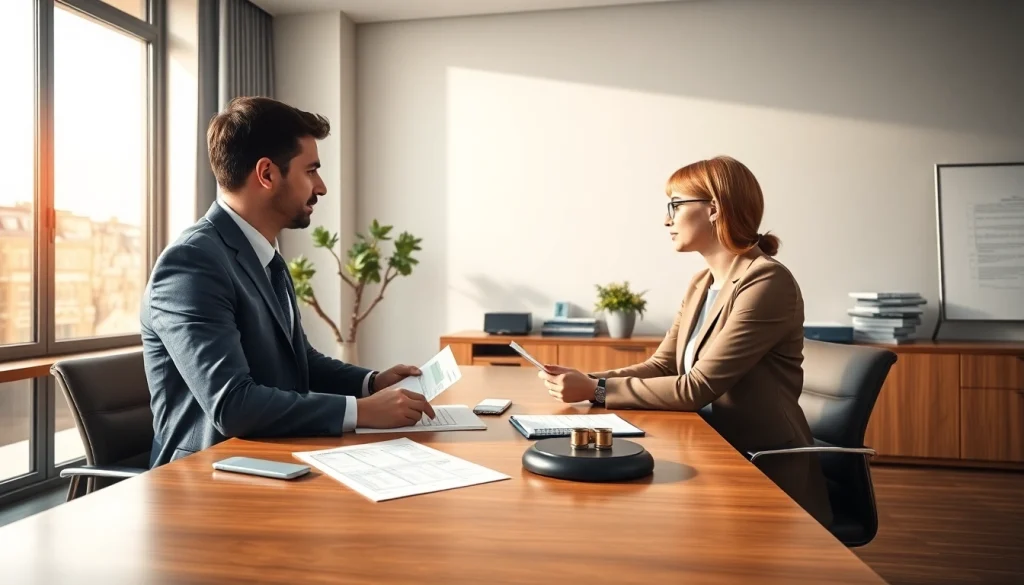 Esperto legale professionale che spiega Legge Tre a un cliente in un moderno ufficio.