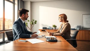 Esperto legale professionale che spiega Legge Tre a un cliente in un moderno ufficio.