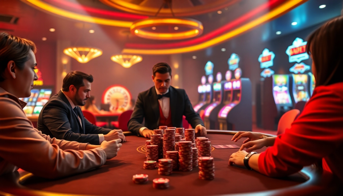 Exciting poker game at F8Bet casino table showcasing high-stakes action and luxury surroundings.
