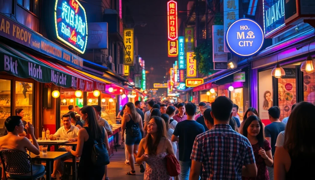 Vibrant Ho Chi Minh City nightlife scene reflecting the essence of 호치민밤문화 with lively bars and colorful neon lights.