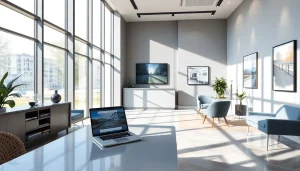 Ufficio immobiliare moderno focalizzato su proprietà fuori mercato con design elegante e atmosfera accogliente.