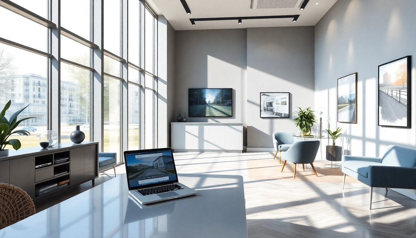 Ufficio immobiliare moderno focalizzato su proprietà fuori mercato con design elegante e atmosfera accogliente.
