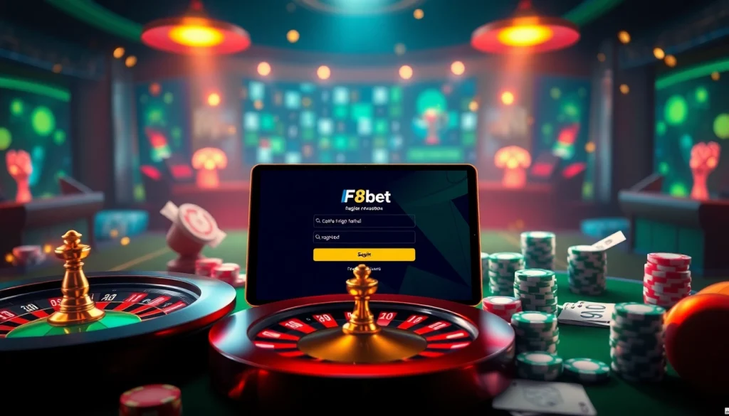 Engage in the excitement of Đăng Ký F8bet with a luxurious casino scene featuring poker chips and cards.