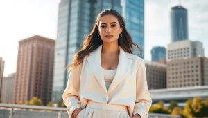 Rivelle model showcasing an elegant outfit in a vibrant urban environment with natural lighting.