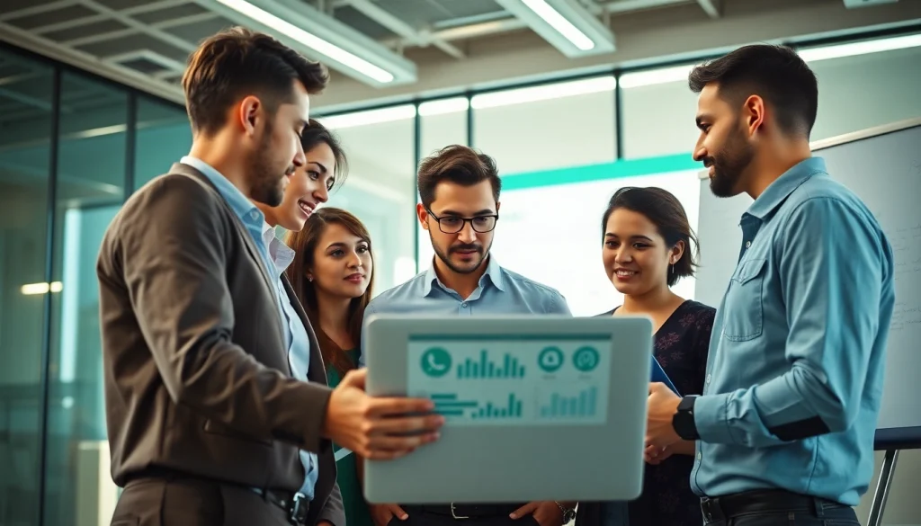 Engaged business team collaborating on WhatsApp Smart CRM analysis in a modern office setting.