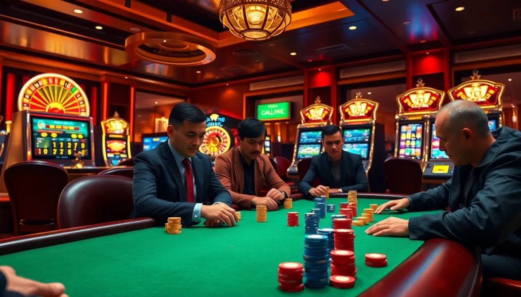 Engaged players at a poker table in an elegant casino illustrating the excitement of qq88 to betting.