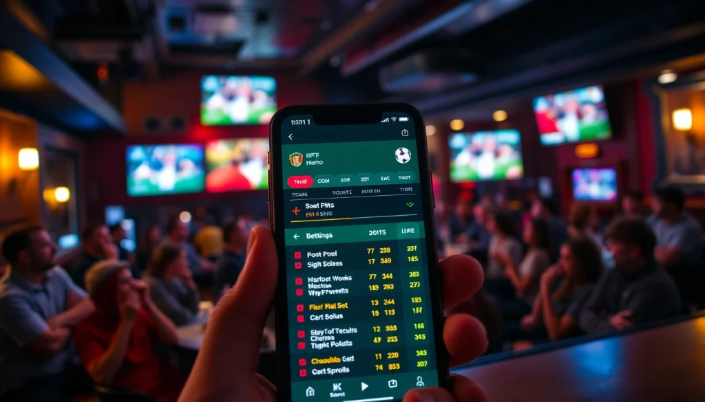 Illustration showcasing sports betting apps Alberta, with an engaging smartphone interface in a lively pub.