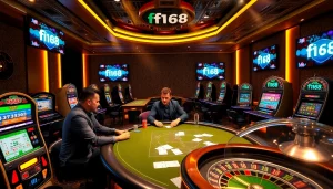 Experience high-stakes gambling at f168 with vibrant poker tables and slot machines.