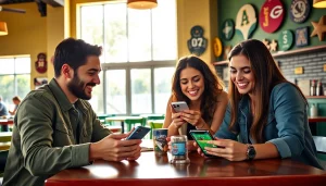 Engaged users exploring sports betting apps California in a vibrant café setting.