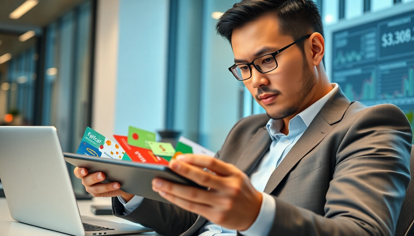 모던한 사무실 환경에서 태블릿에 표시된 상품권카드를 포함한 기프트카드