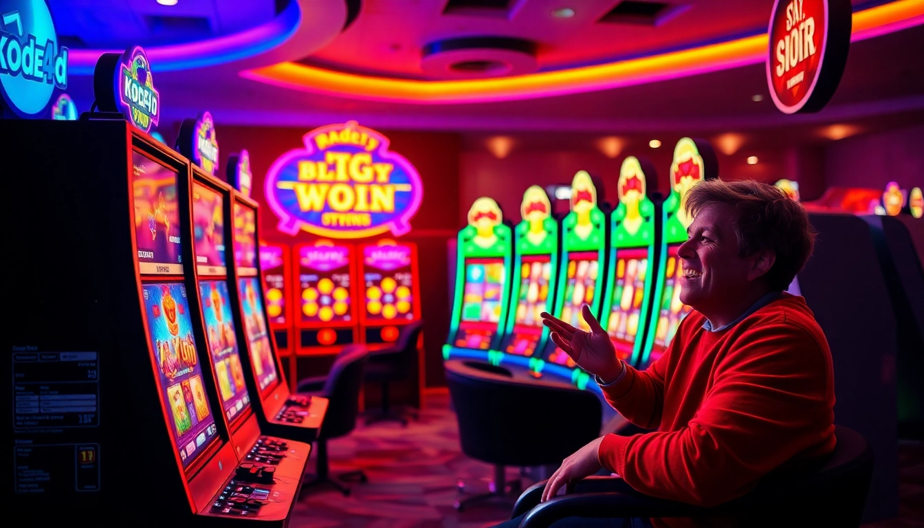 Kode4d slot game interface showcasing vibrant, colorful machines and an excited player winning.