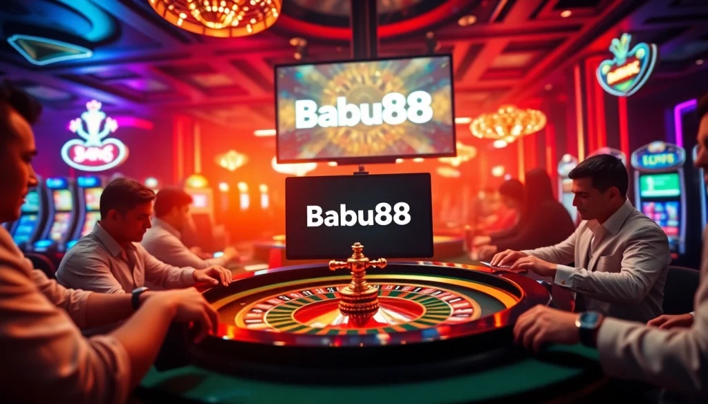 Babu88 players engaging at an exciting roulette table in a vibrant casino atmosphere.