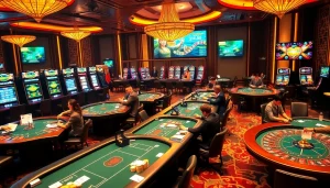 Excited players engaging in high-stakes action at j88 casino tables, surrounded by vibrant slot machines and roulette wheels.