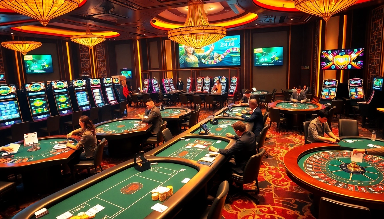 Excited players engaging in high-stakes action at j88 casino tables, surrounded by vibrant slot machines and roulette wheels.
