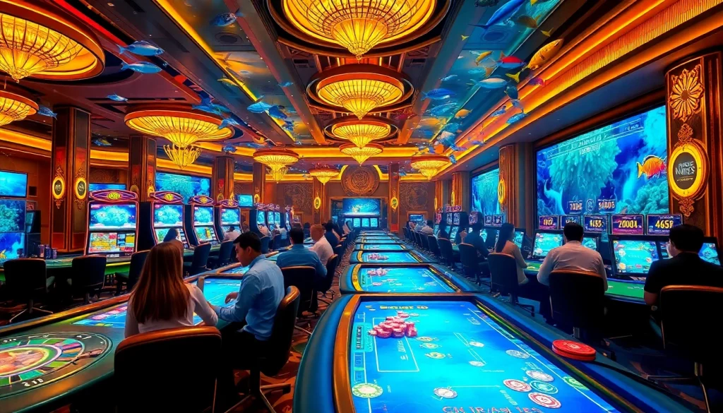Players enjoying bắn cá đổi thưởng in a vibrant online casino atmosphere filled with dynamic graphics and excitement.