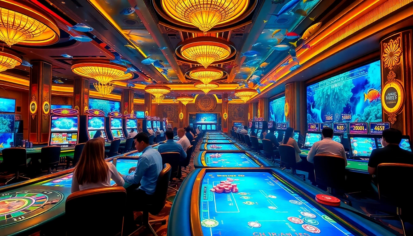 Players enjoying bắn cá đổi thưởng in a vibrant online casino atmosphere filled with dynamic graphics and excitement.