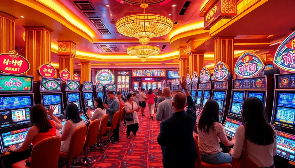 Players celebrating big wins at vibrant nổ hũ slot machines in a luxurious casino.