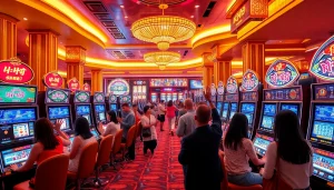 Players celebrating big wins at vibrant nổ hũ slot machines in a luxurious casino.