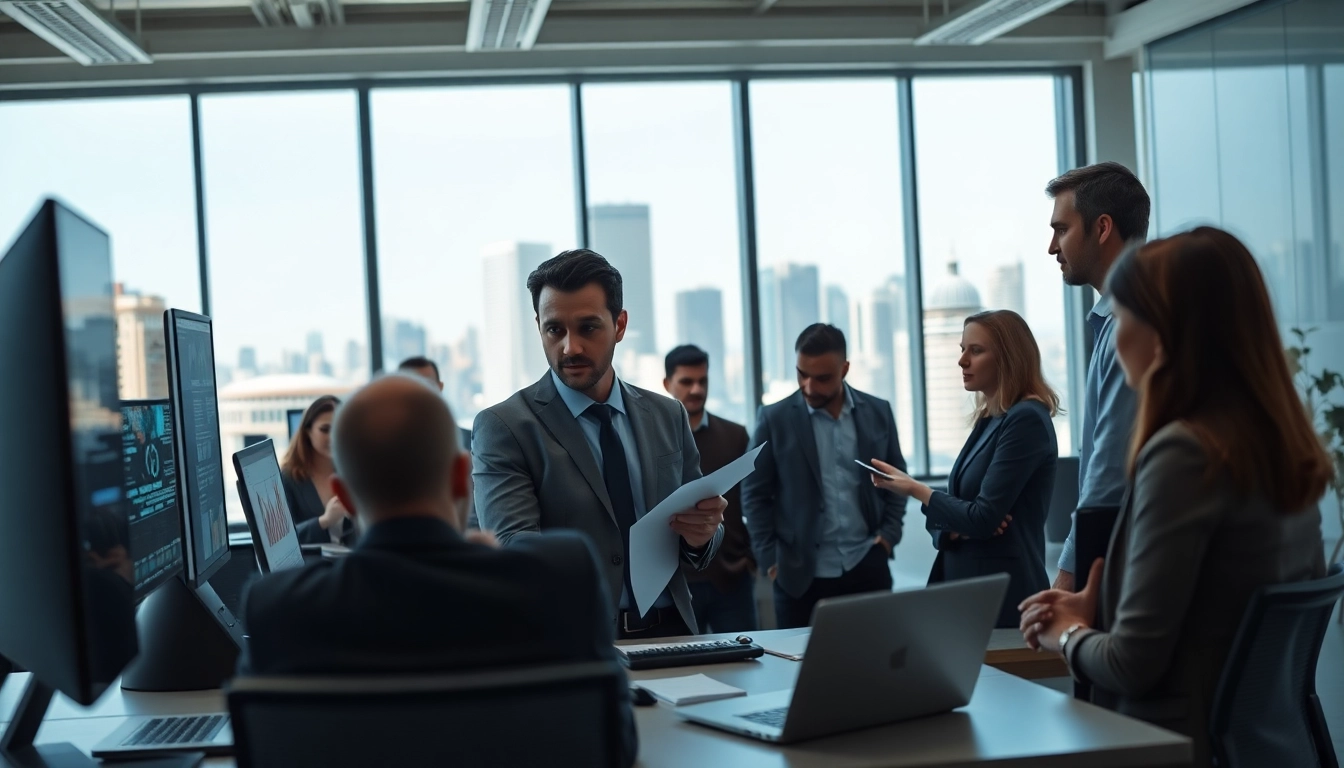 Crisis management consultant analyzing strategies with a team in a professional office environment.