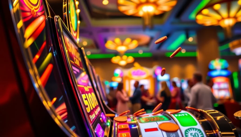 Menangkan jackpot dengan slot bet 50 perak yang menampilkan dekorasi kasino yang ceria dan penuh warna.