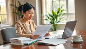 Tłumacz przysięgły working in a professional office environment, showcasing dedication and accuracy.