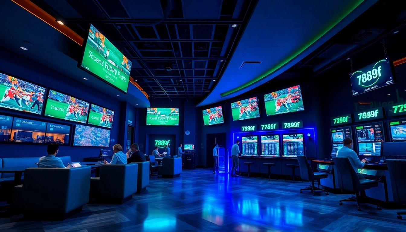 Dynamic sports betting lounge scene featuring 789f with engaged bettors and vibrant digital displays.