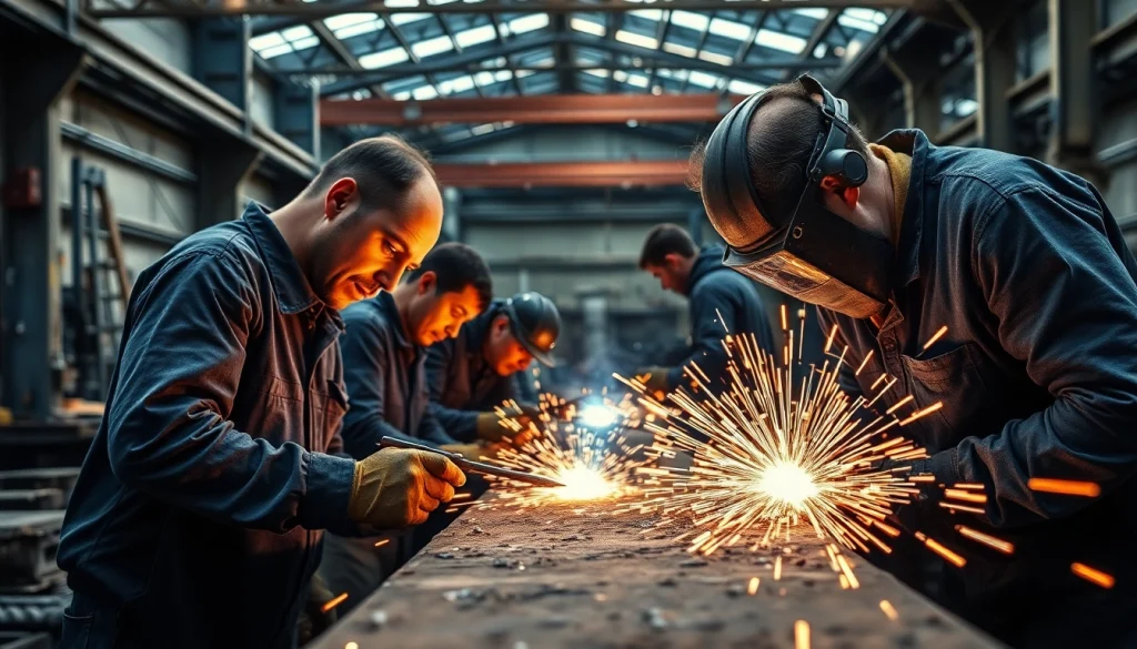 Craftsmen engaged in custom steel fabrication with intricate steel designs.