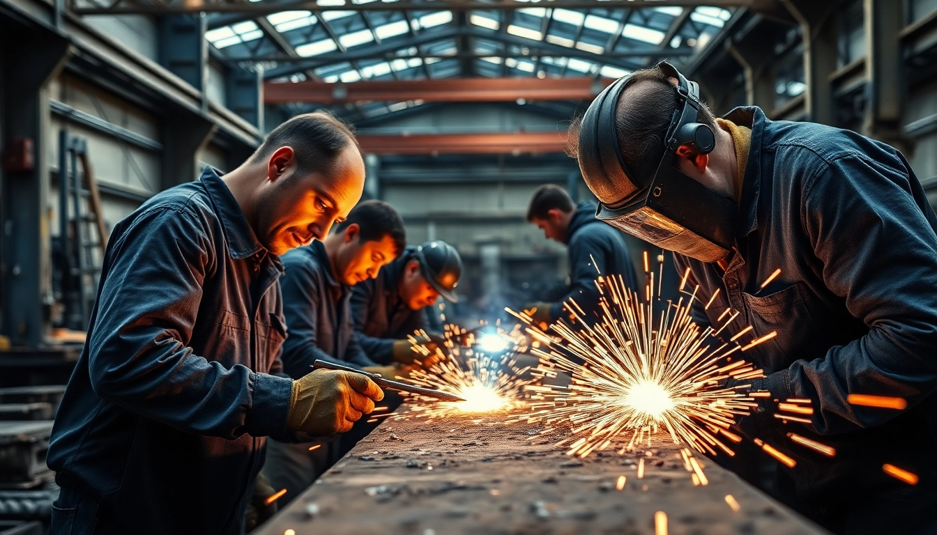 Craftsmen engaged in custom steel fabrication with intricate steel designs.