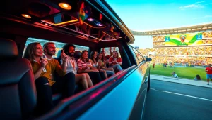 World Cup Group Transportation in a luxury limousine with fans celebrating en route to the stadium.