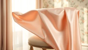 Satijn stof prachtig gedrapeerd over een vintage stoel met een luxe uitstraling.