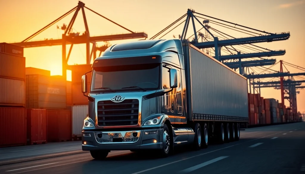 Drayage trucks efficiently maneuvering through a busy shipping dock at sunset.