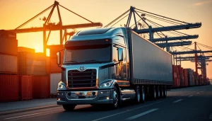 Drayage trucks efficiently maneuvering through a busy shipping dock at sunset.