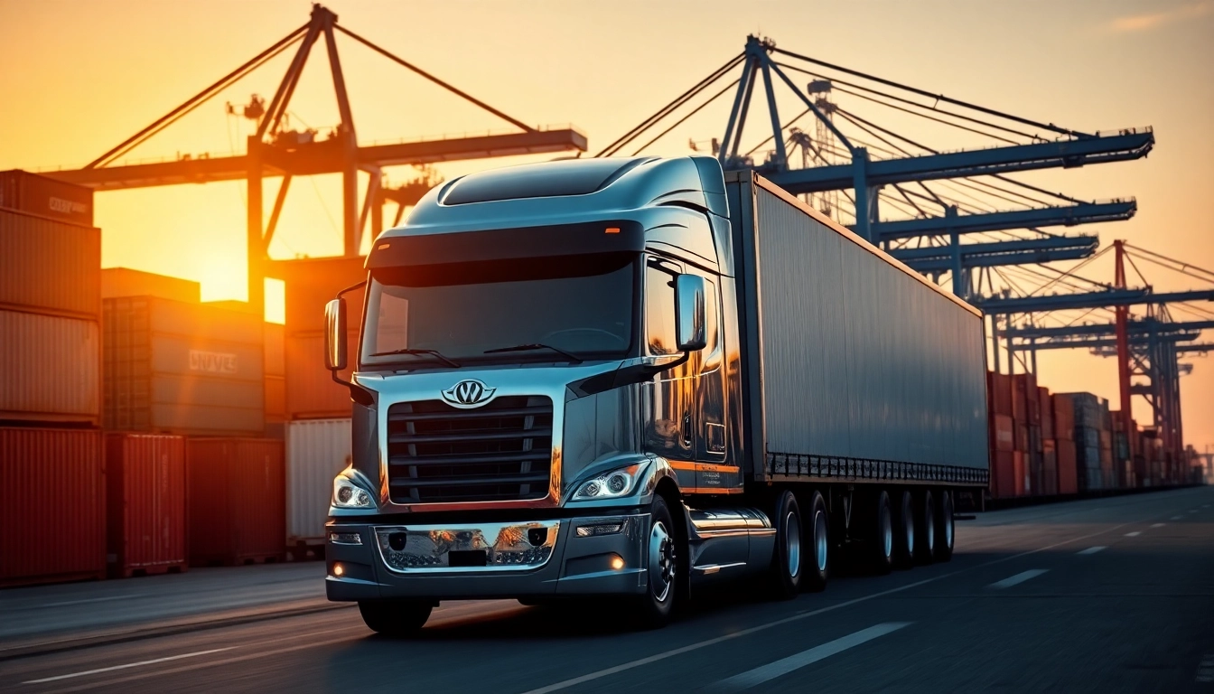 Drayage trucks efficiently maneuvering through a busy shipping dock at sunset.