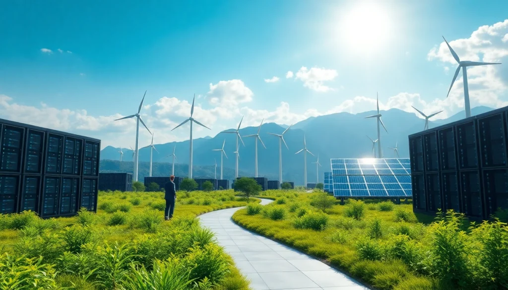 Cloud mining app facility powered by renewable energy, showcasing wind and solar technology.