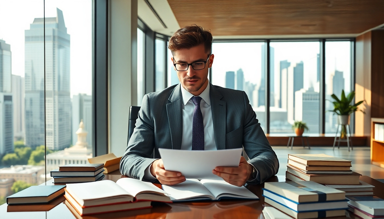 Engaged intellectual property lawyer reviewing documents at a modern desk.