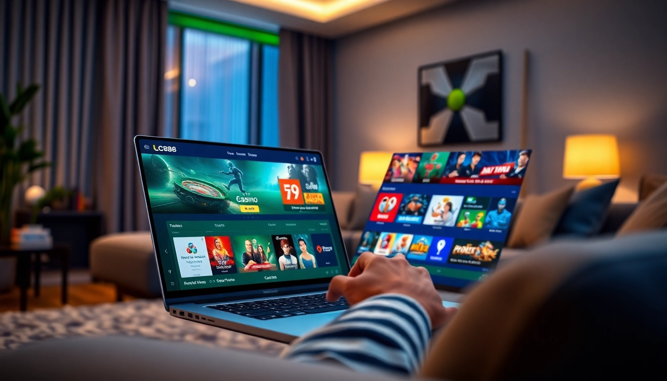 Dynamic online gaming interface for LC88 Link showcasing casino and sports betting in a cozy setting.