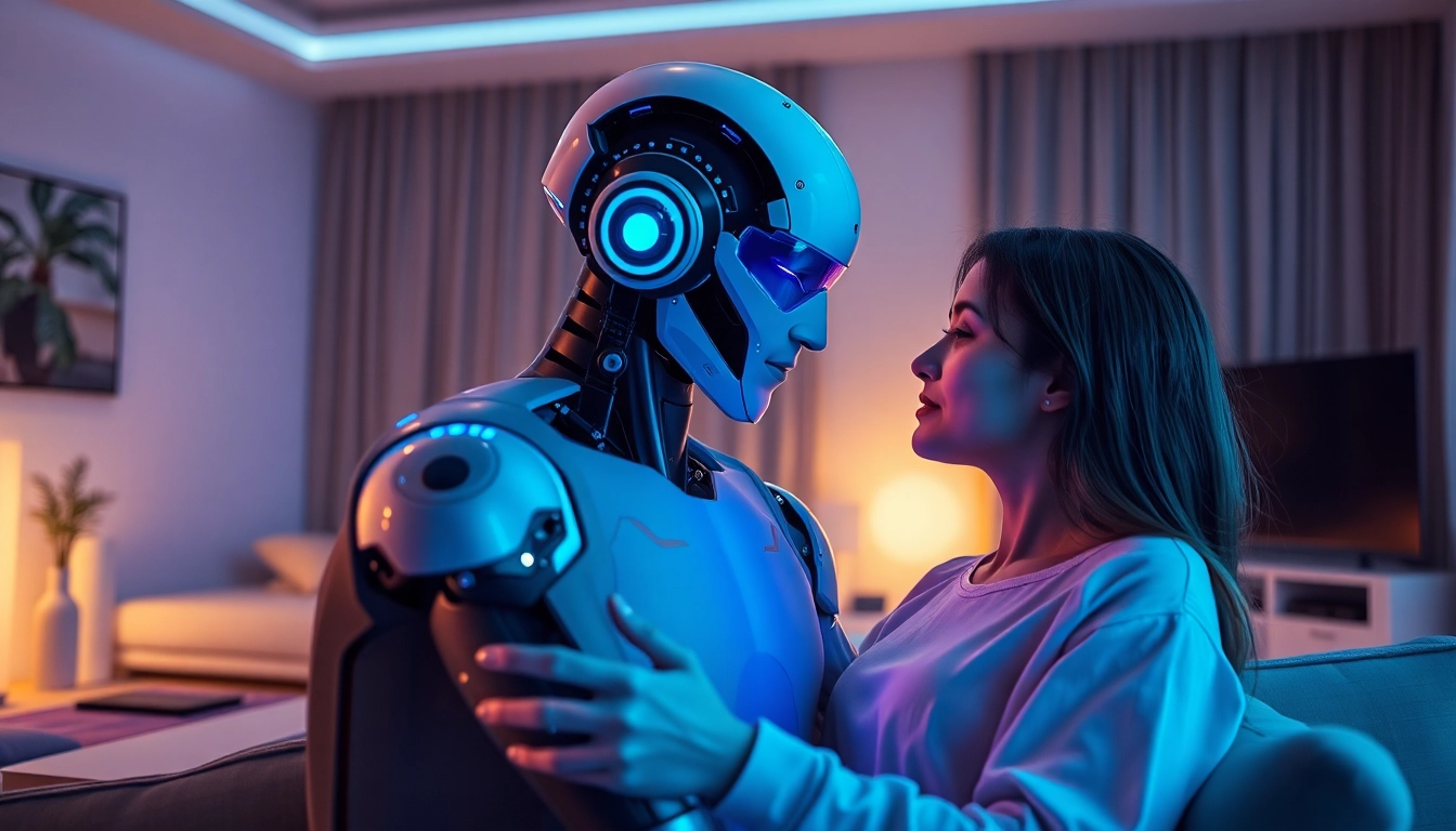 Engagement between a human and AI companion in a warm, futuristic setting highlighting ai sex interactions.