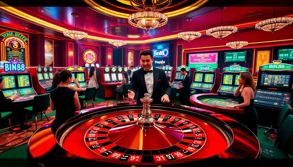 Players enjoying a dynamic gaming experience at Bin88 casino with roulette and slot machines.