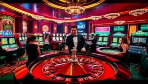 Players enjoying a dynamic gaming experience at Bin88 casino with roulette and slot machines.