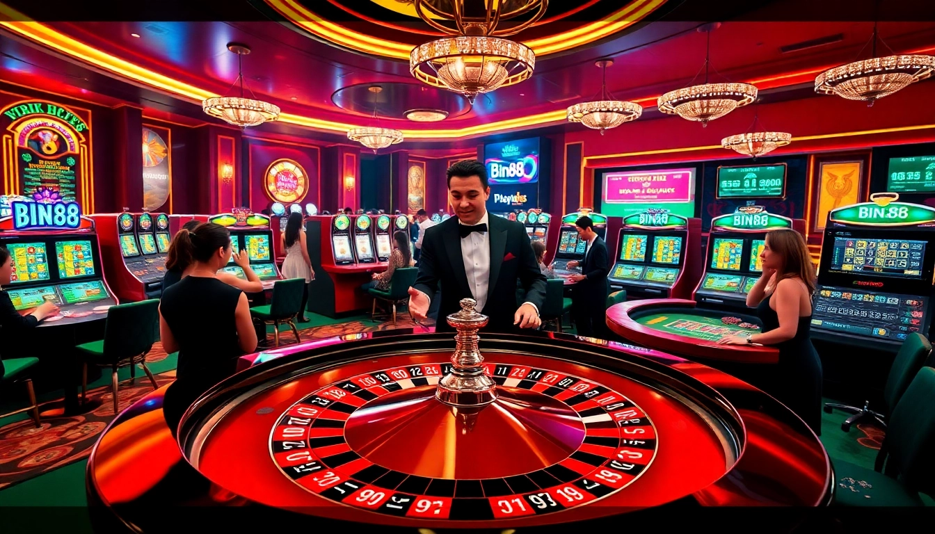 Players enjoying a dynamic gaming experience at Bin88 casino with roulette and slot machines.