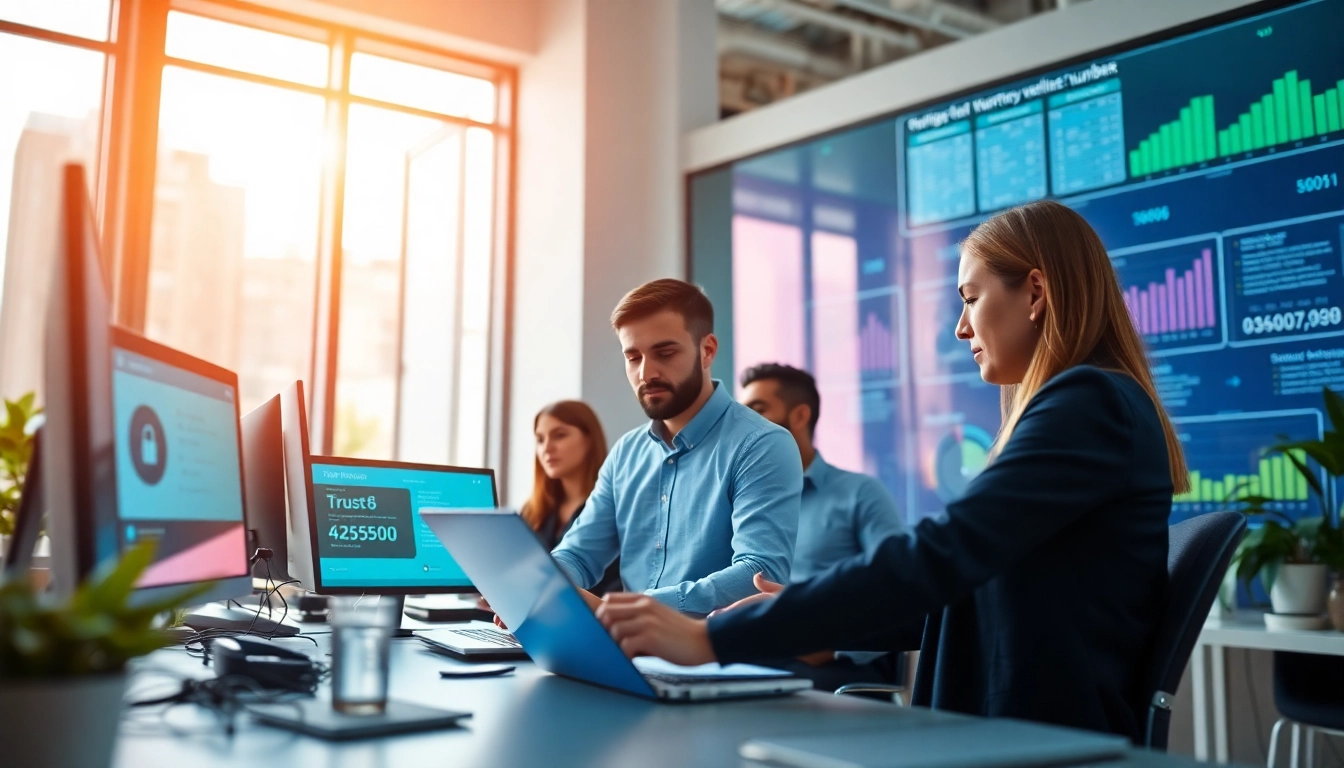 Phone number verification illustrated in a modern tech office showcasing professional collaboration and data integrity.