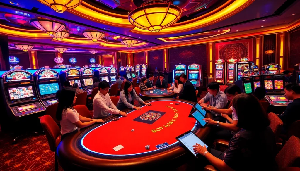 Exciting gambling experience at https://nhacaita88.contact/ with vibrant casino games, players, and dealers.