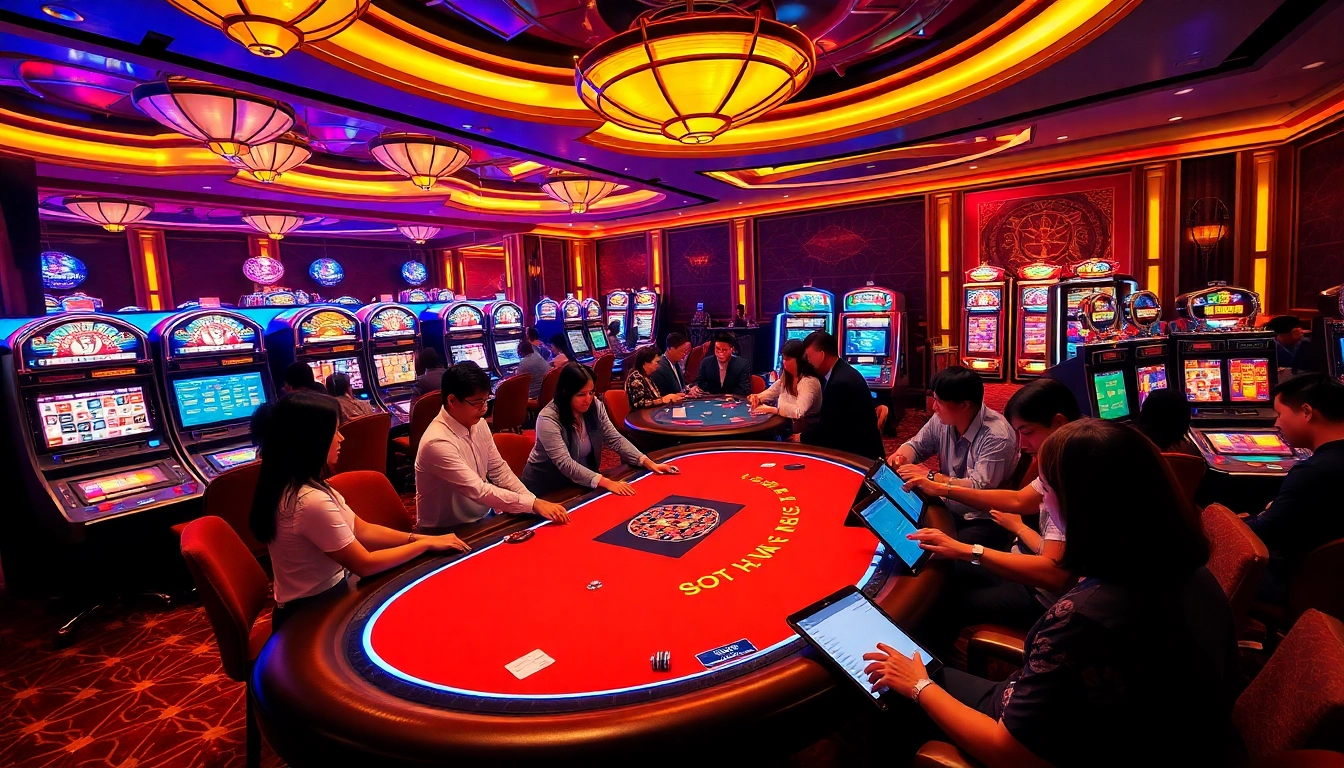 Exciting gambling experience at https://nhacaita88.contact/ with vibrant casino games, players, and dealers.
