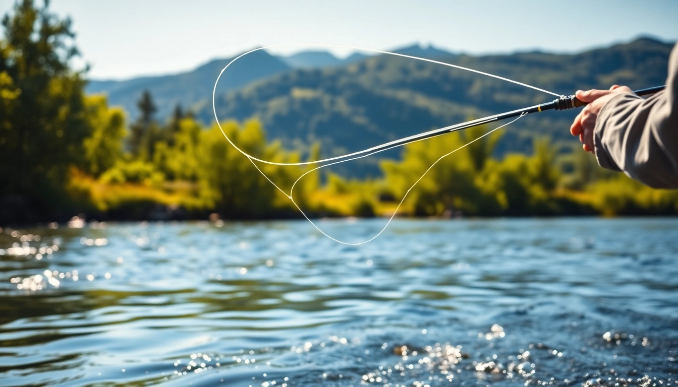 Angler casting a fly fishing line over a serene river, showcasing outdoor adventure.