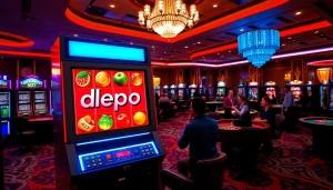 Pemain yang bersemangat berinteraksi dengan mesin slot depo pulsa di lingkungan kasino mewah.